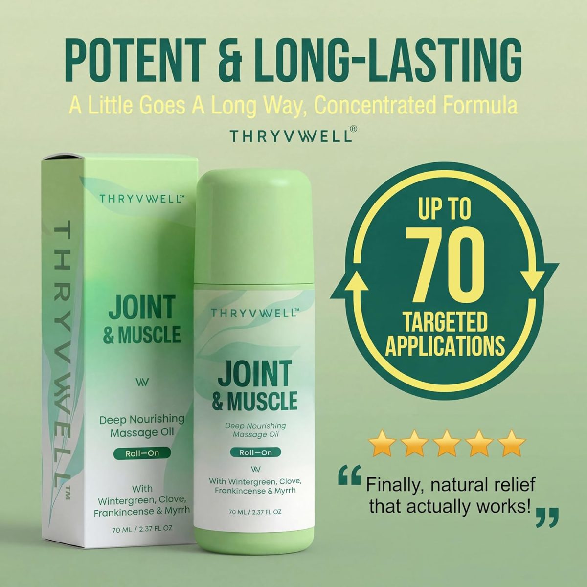 Joint & Muscle Roll-On Oil –70ml - 100% Natural Essential Oil Blend with Wintergreen, Peppermint, Frankincense, Myrrh, Clove & Lavender - Image 4